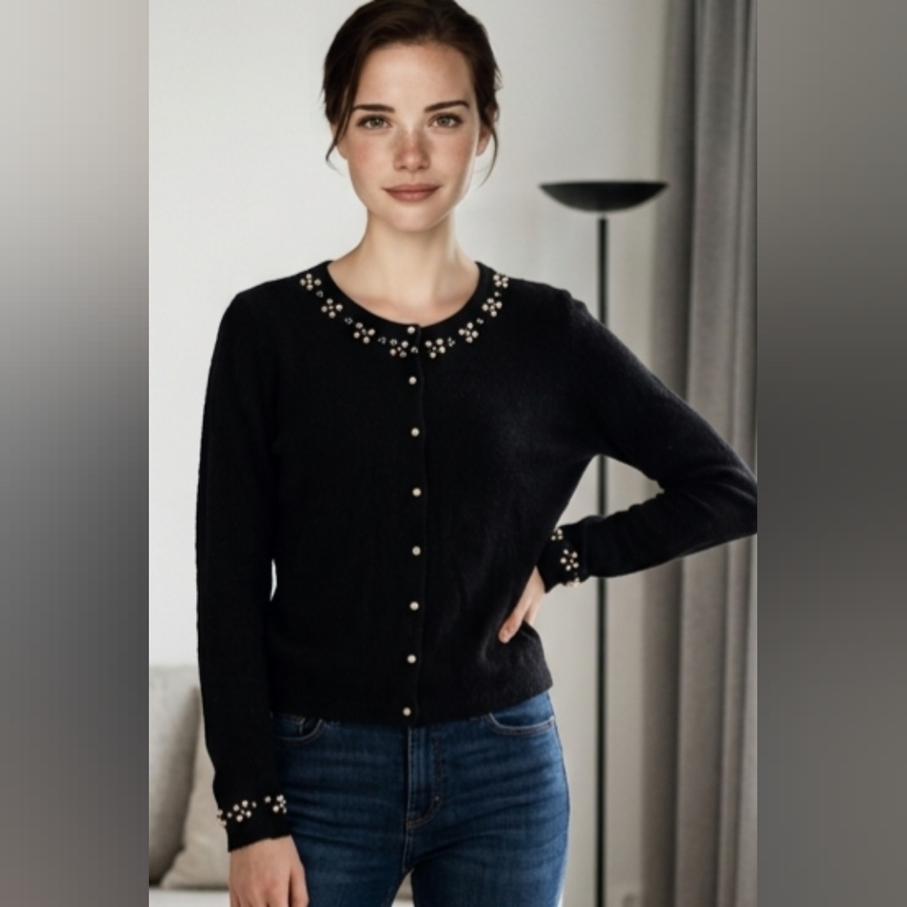 ICE SZ M Black Ramie Angora Blend Long Sleeve Lightweight Pearl Embelish Cardiga